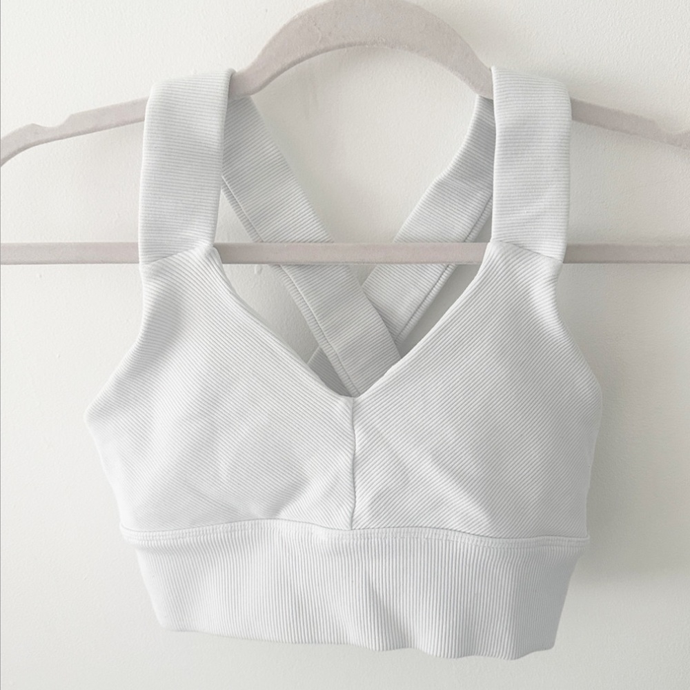 ALO Yoga White Ribbed Cross-Back Sports Bra